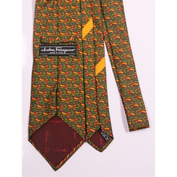 Salvatore Ferragamo Green Gold Red Santa Sleigh Print Design Silk Necktie Tie - Picture 4 of 6